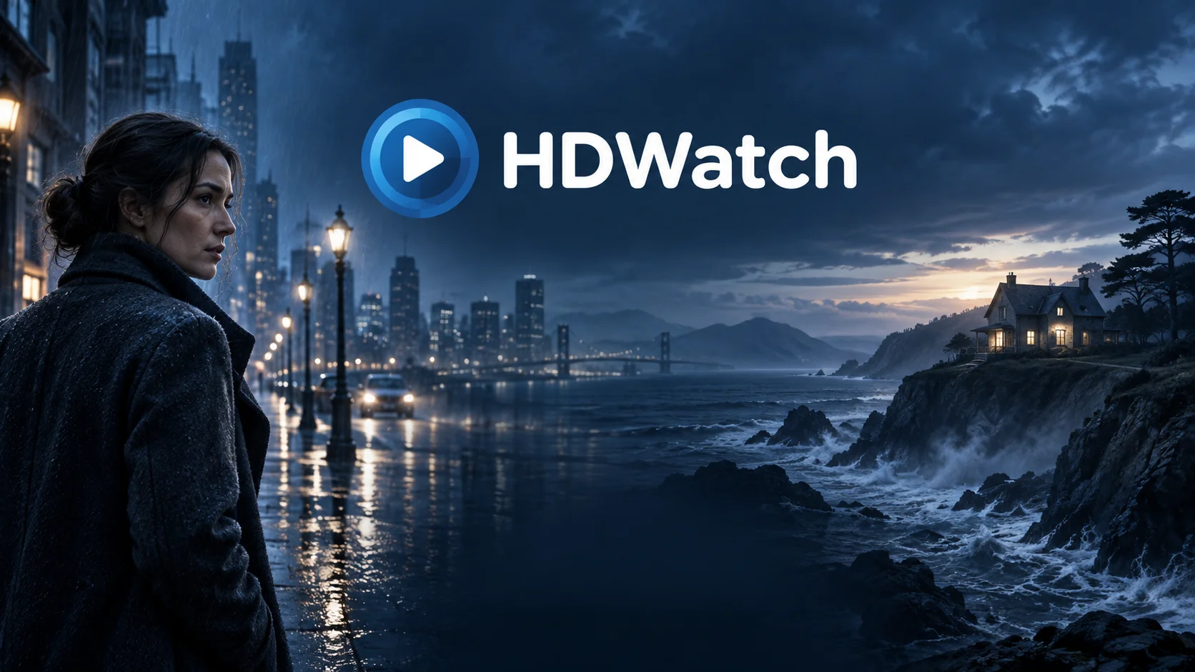 HDWatch wordmark above an original blue-toned coastal mystery and city scene